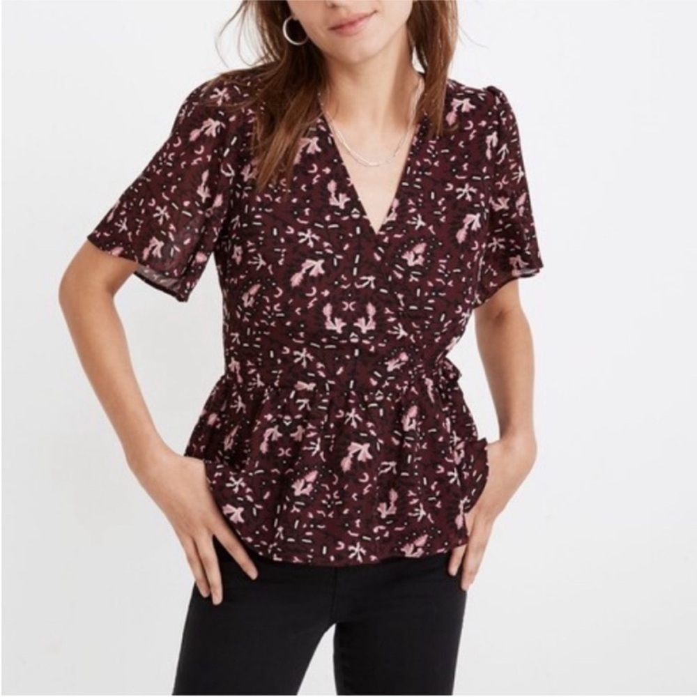 Madewell Georgette Flutter-Sleeve Peplum Top in Rich Paisley. Size Small.